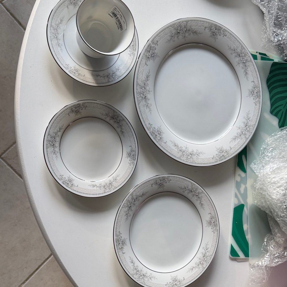 Noritake Elegant White and Silver Dinnerware Set